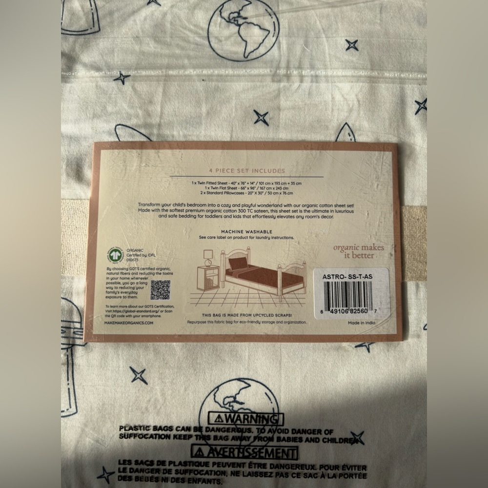 NWT Organic Cotton Astro Twin Sheet Set by MakeMake organics - Picture 6 of 6